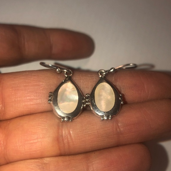 VTG Sterling & Mother of Pearl Shepherds Hook Dangle Earrings 1.6” - Picture 3 of 6